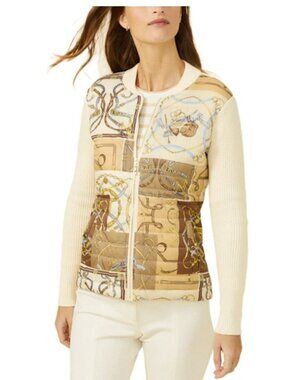 J. McLaughlin Andi Tan Cream Quilted Equestrian Motif Sweater Jacket | XS